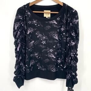 NWT CHASER Women’s Celestial Stars Black Bliss Shirred Long Sleeve Pullover S